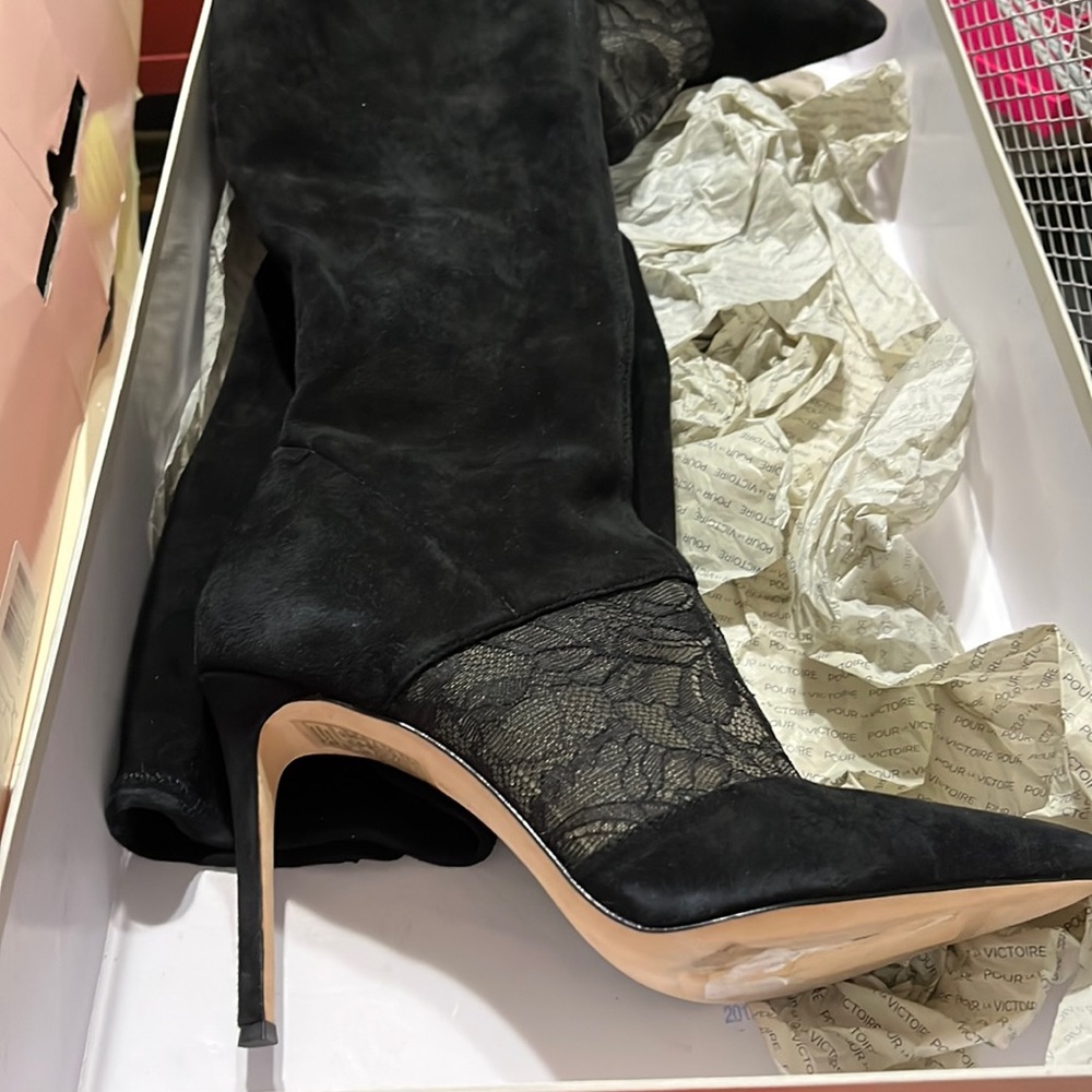 Black suede tall boots with lace - Picture 1 of 3